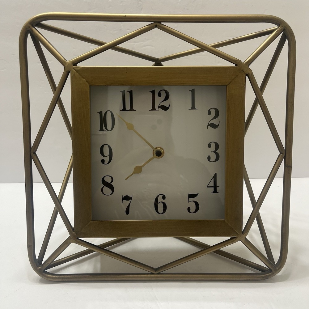 Gold Toned Geometric Metal Wire Desk Clock Square Face Black Numbers Battery